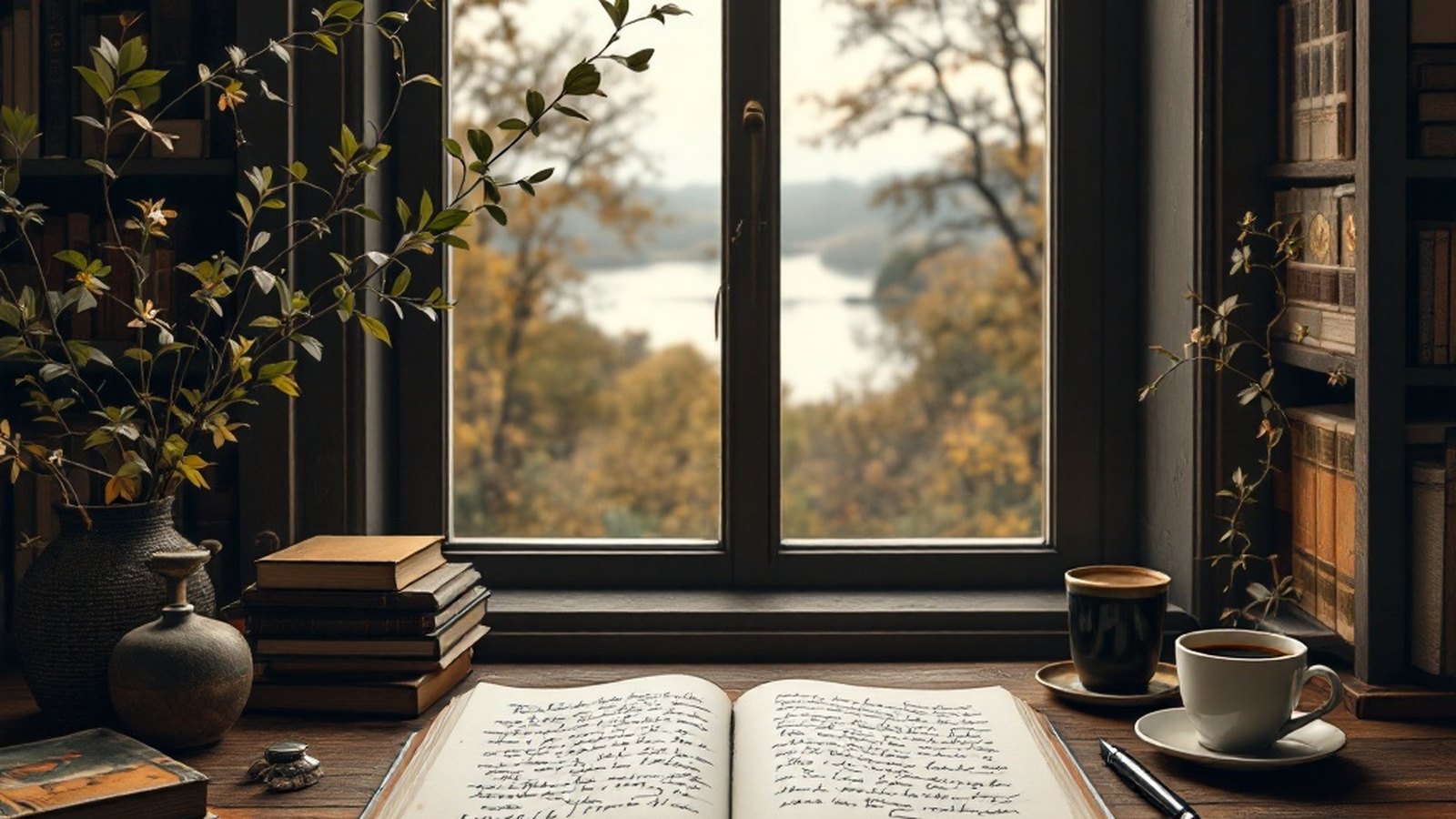 A writer's oak desk at a tall window overlooking the Seine at Croisset, grey Norman dawn light, an open manuscript thick with crossings-out, a steel-nibbed pen and a cold cup of coffee