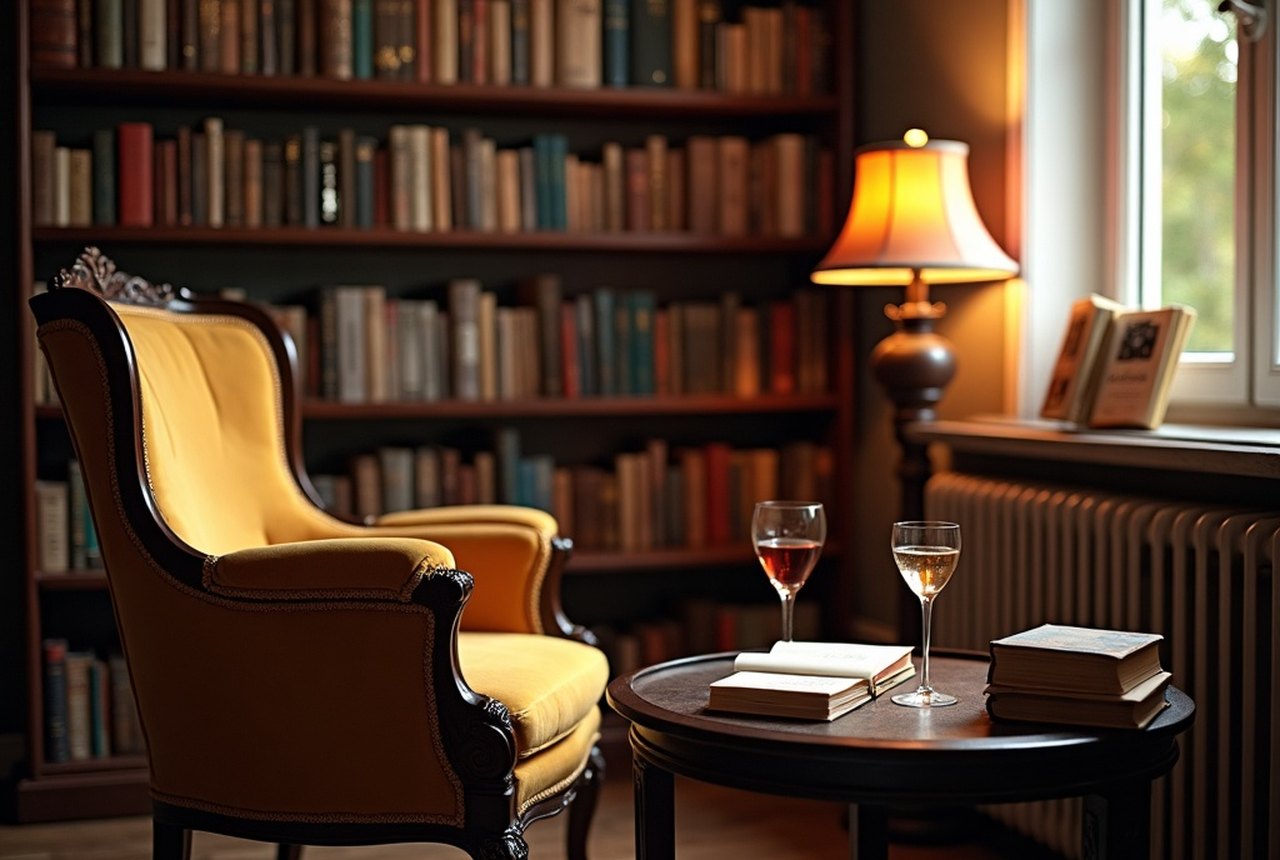 A reader's armchair beside a full bookshelf in warm lamplight, a small stack of French paperbacks and a glass of wine on the side table