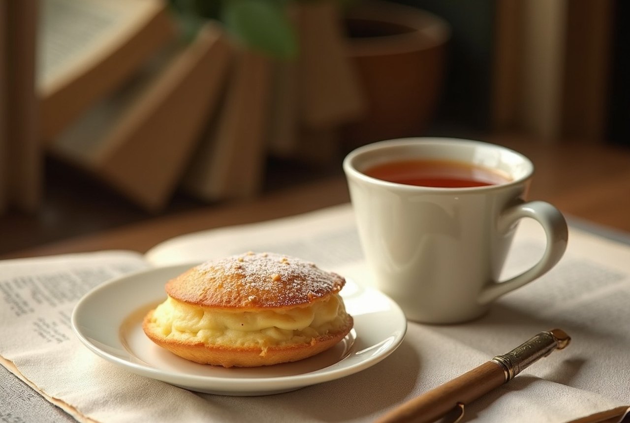 A single madeleine cake beside a cup of lime-blossom tea on a pale linen cloth, soft morning light