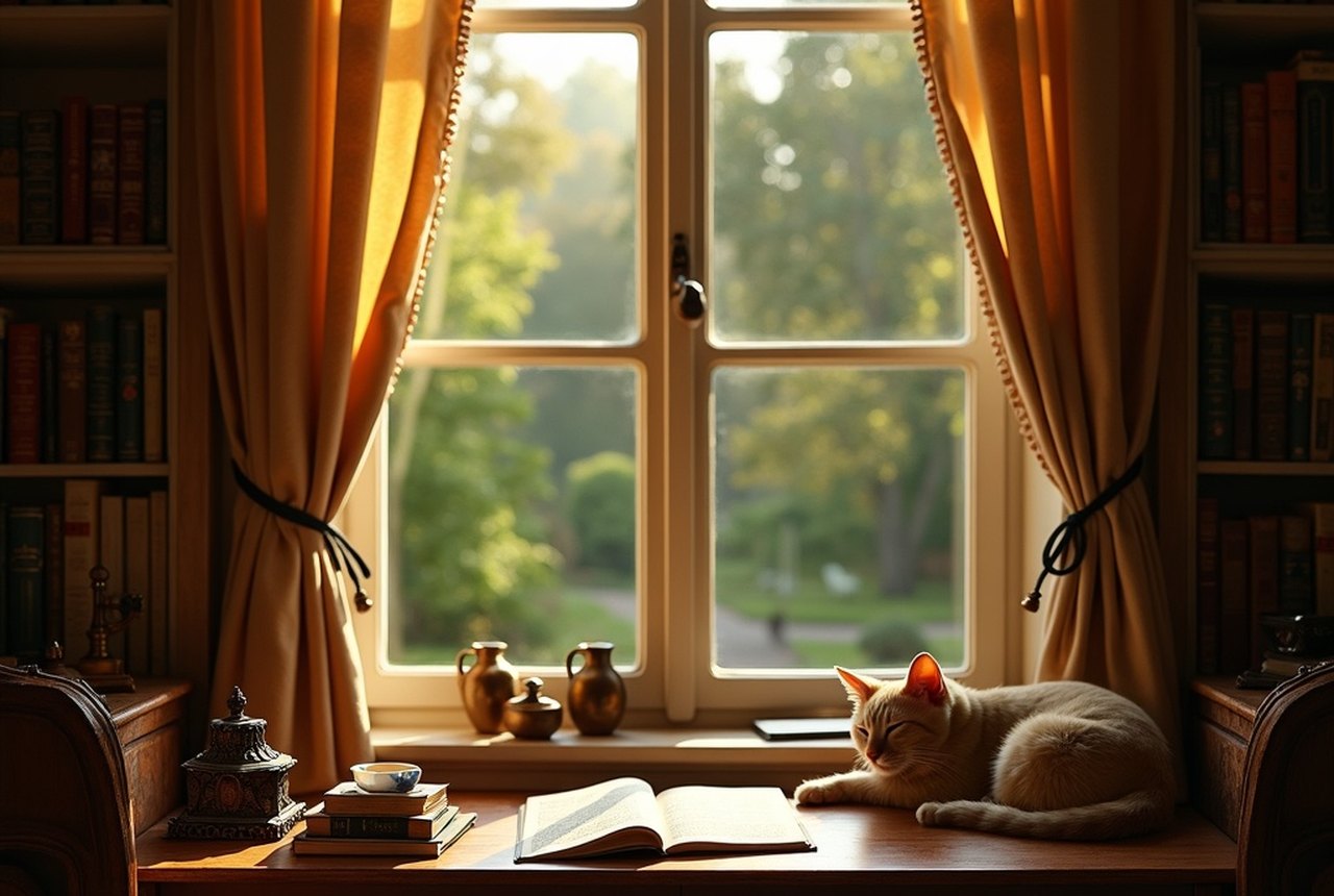 An open window onto a lush Burgundy garden at dawn, a cat asleep on a sunlit chair, ripe figs on the sill