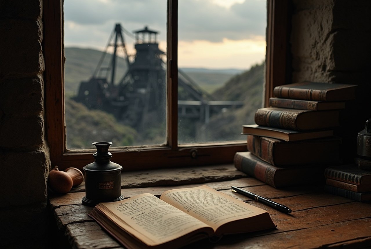 A dim coal-mining landscape of northern France, pit-head winding gear against a bruised sky, a naturalist's notebook