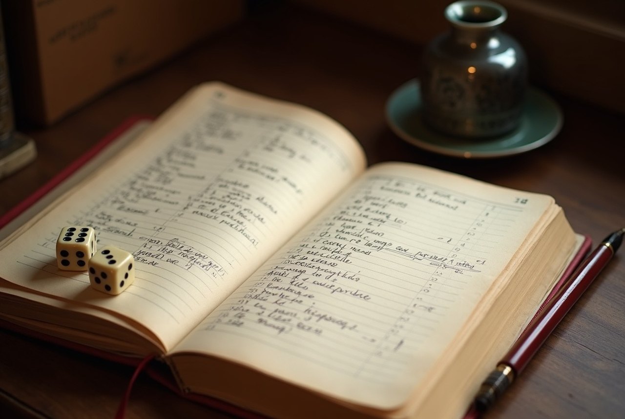 An open notebook covered in lists, grids and word-games, a mechanical pencil and a pair of dice on a plain wooden desk