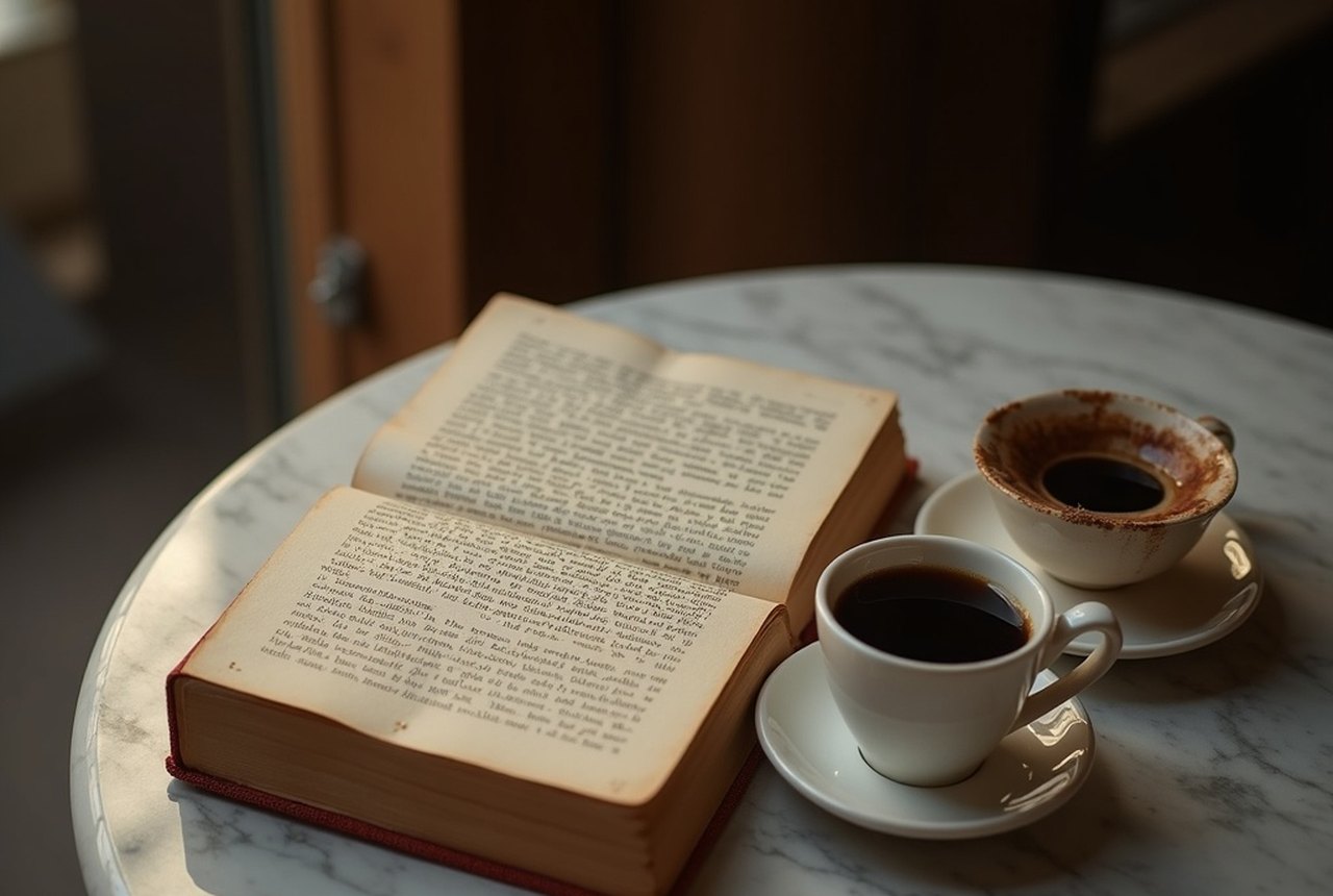 A worn cloth-bound novel lying open on a marble café table beside a small cup of black coffee