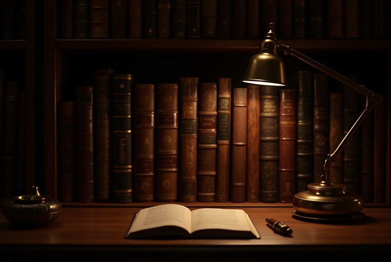 A tall wall of old leather-bound French novels in a dim reading room, a brass lamp throwing warm light along the spines
