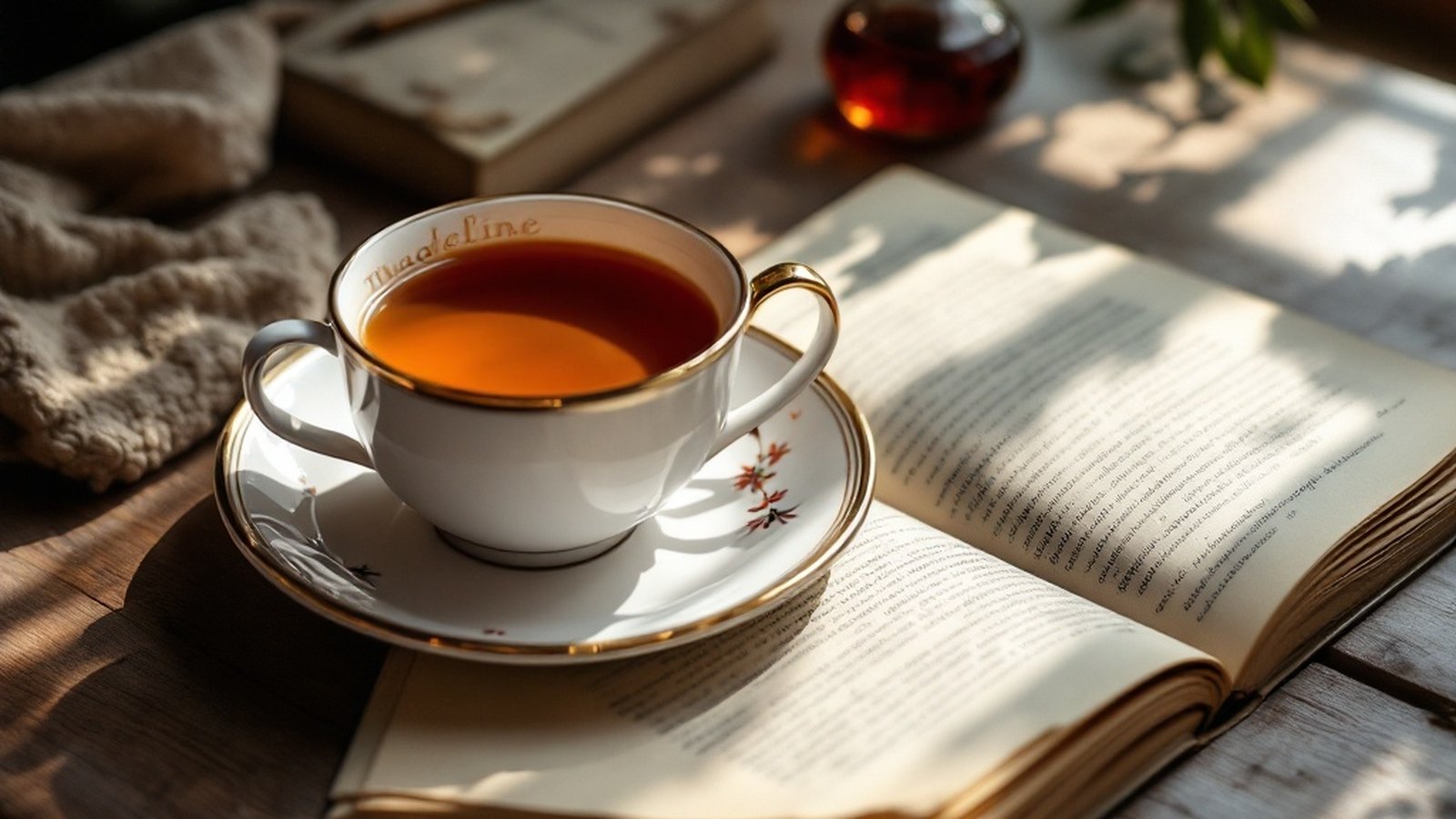 A madeleine and cup of tea, spare and close